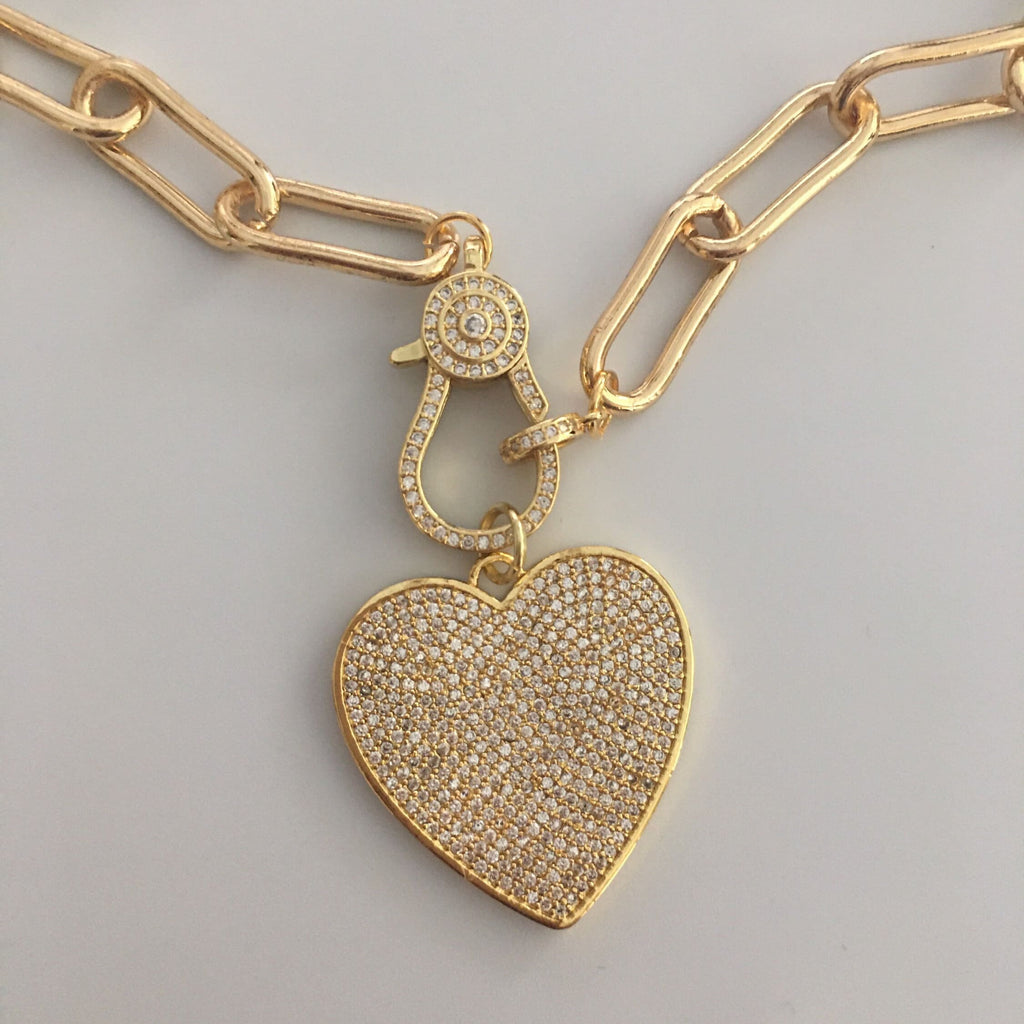 Gold Paperclip Link Chain Necklace: Pave Lobster Clasp, Heart Pendant
