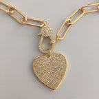 Gold Paperclip Link Chain Necklace: Pave Lobster Clasp, Heart Pendant