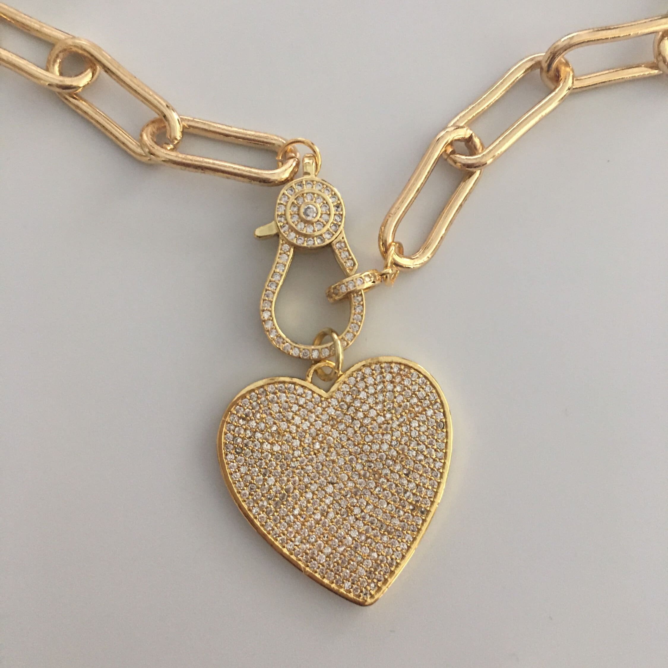 Gold Paperclip Link Chain Necklace: Pave Lobster Clasp, Heart Pendant