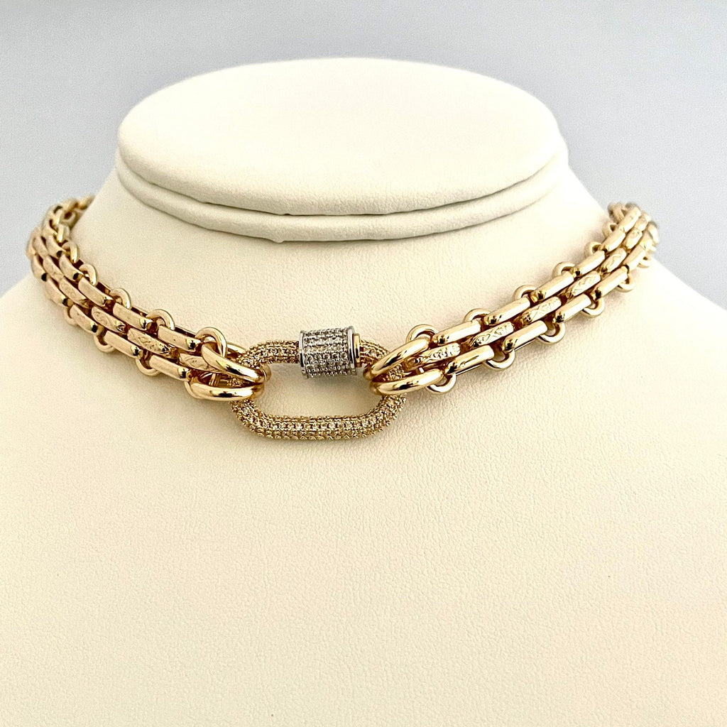 Gold Carabiner Necklace-Chunky Multilink Chain Necklace-Shiny Textured Chain Necklace- Pave Screw Lock Clasp