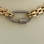 Gold Carabiner Necklace-Chunky Multilink Chain Necklace-Shiny Textured Chain Necklace- Pave Screw Lock Clasp