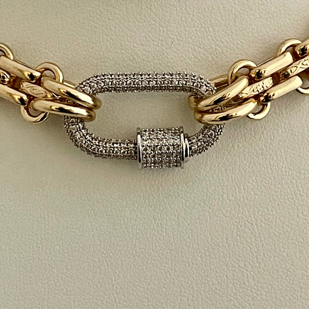 Gold Carabiner Necklace-Chunky Multilink Chain Necklace-Shiny Textured Chain Necklace- Pave Screw Lock Clasp