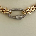 Gold Carabiner Necklace-Chunky Multilink Chain Necklace-Shiny Textured Chain Necklace- Pave Screw Lock Clasp
