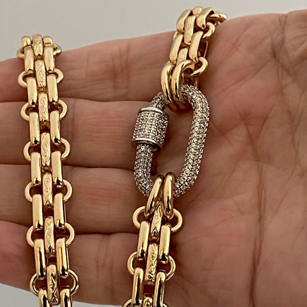 Gold Carabiner Necklace-Chunky Multilink Chain Necklace-Shiny Textured Chain Necklace- Pave Screw Lock Clasp