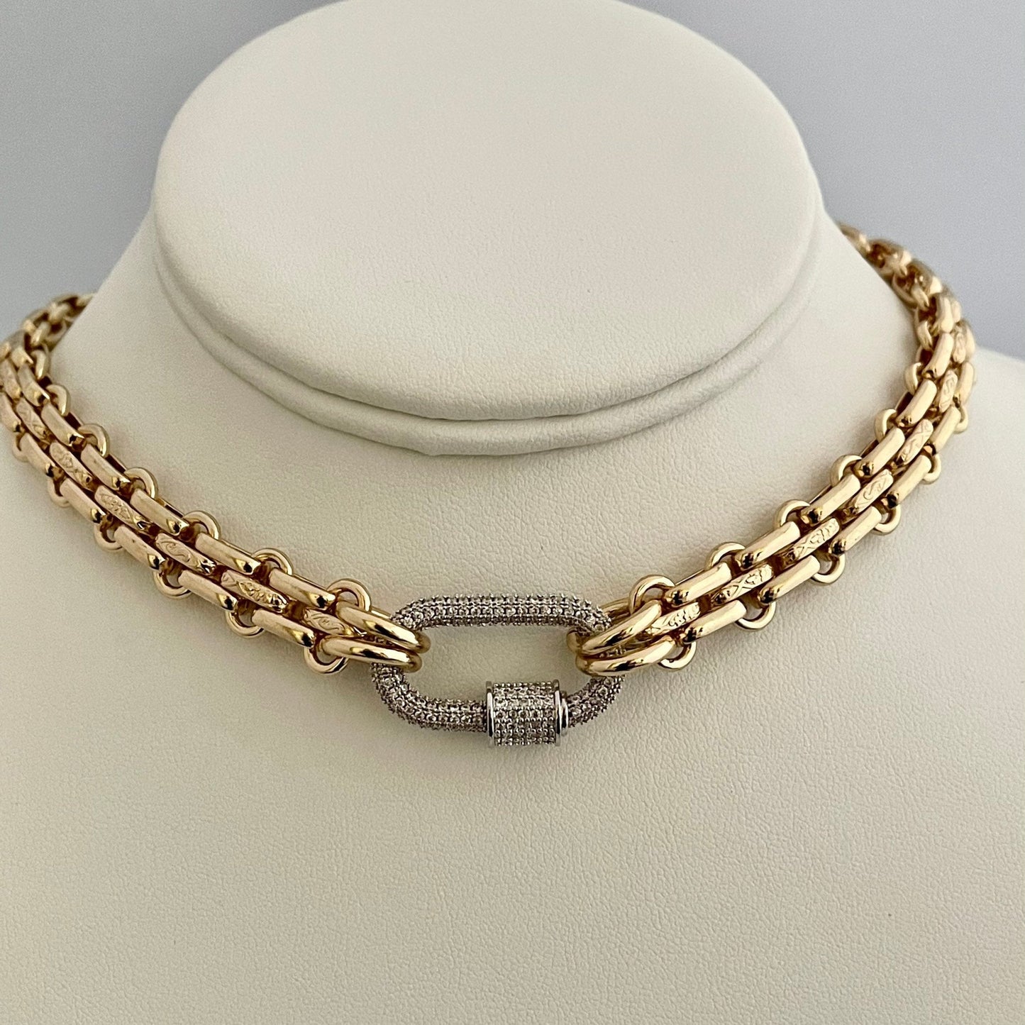 Gold Carabiner Necklace-Chunky Multilink Chain Necklace-Shiny Gold Textured Chain Necklace- Pave Carabiner Screw Lock Clasp