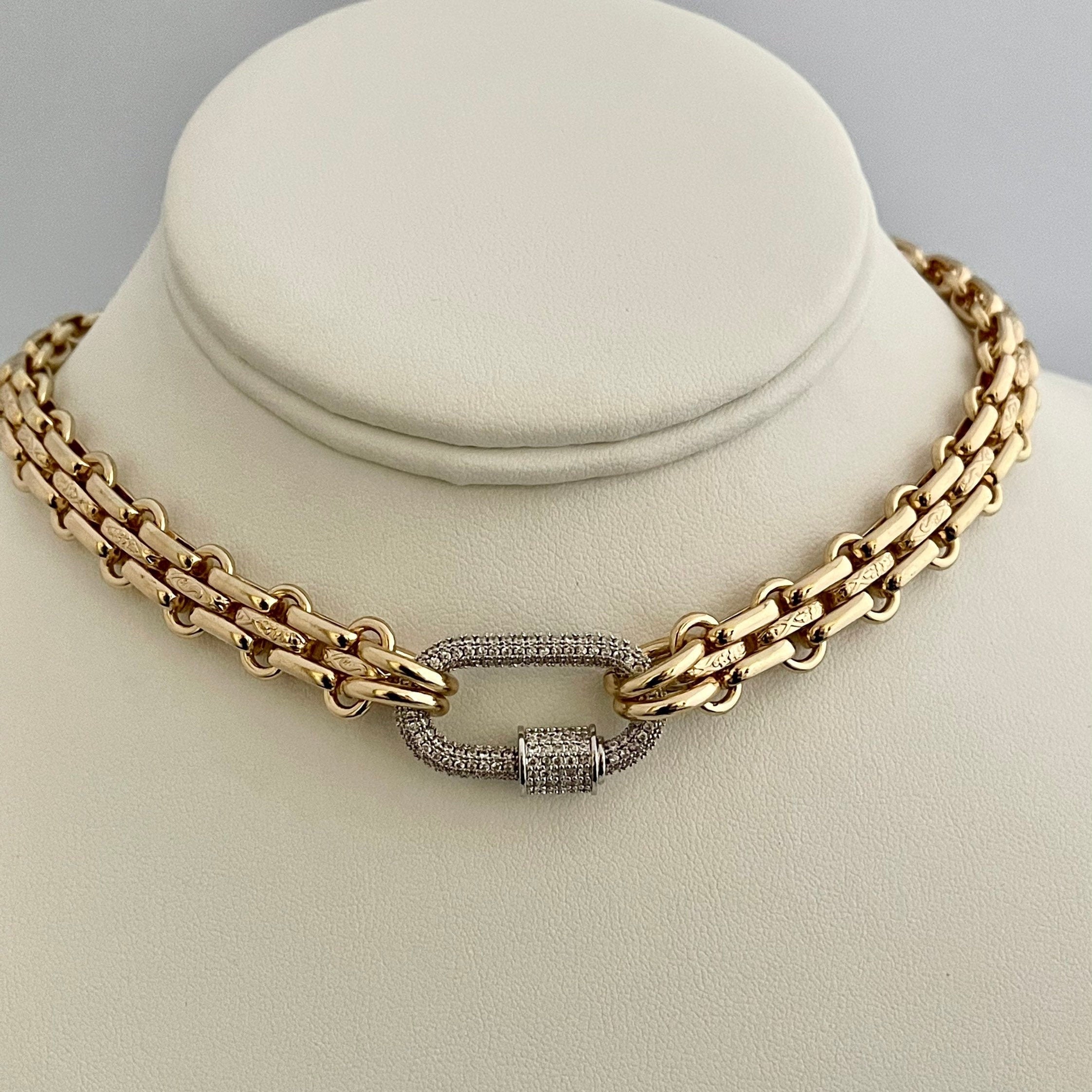 Gold Carabiner Necklace-Chunky Multilink Chain Necklace-Shiny Textured Chain Necklace- Pave Screw Lock Clasp