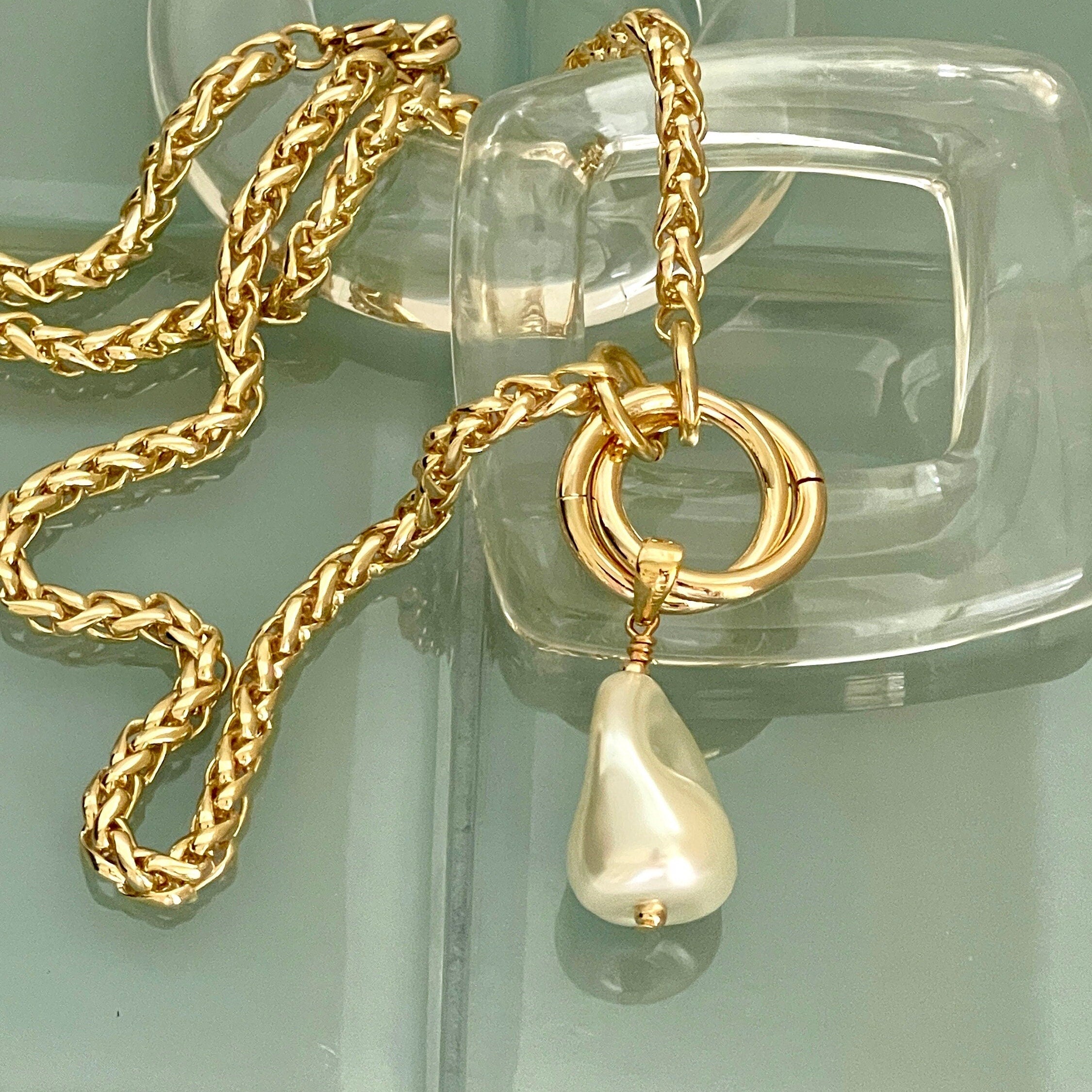 Gold Chunky Rope Necklace-Double Crossover Connector-Baroque Glass Pearl Replica Pendant-Lobster Clasp-Wheat Chain-Gift For Her