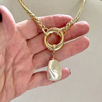 Gold Chunky Rope Necklace-Double Crossover Connector-Baroque Glass Pearl Replica Pendant-Lobster Clasp-Wheat Chain-Gift For Her