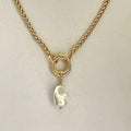 Gold Chunky Rope Necklace-Double Crossover Connector-Baroque Glass Pearl Replica Pendant-Lobster Clasp-Wheat Chain-Gift For Her