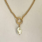 Gold Chunky Rope Necklace-Double Crossover Connector-Baroque Glass Pearl Replica Pendant-Lobster Clasp-Wheat Chain-Gift For Her