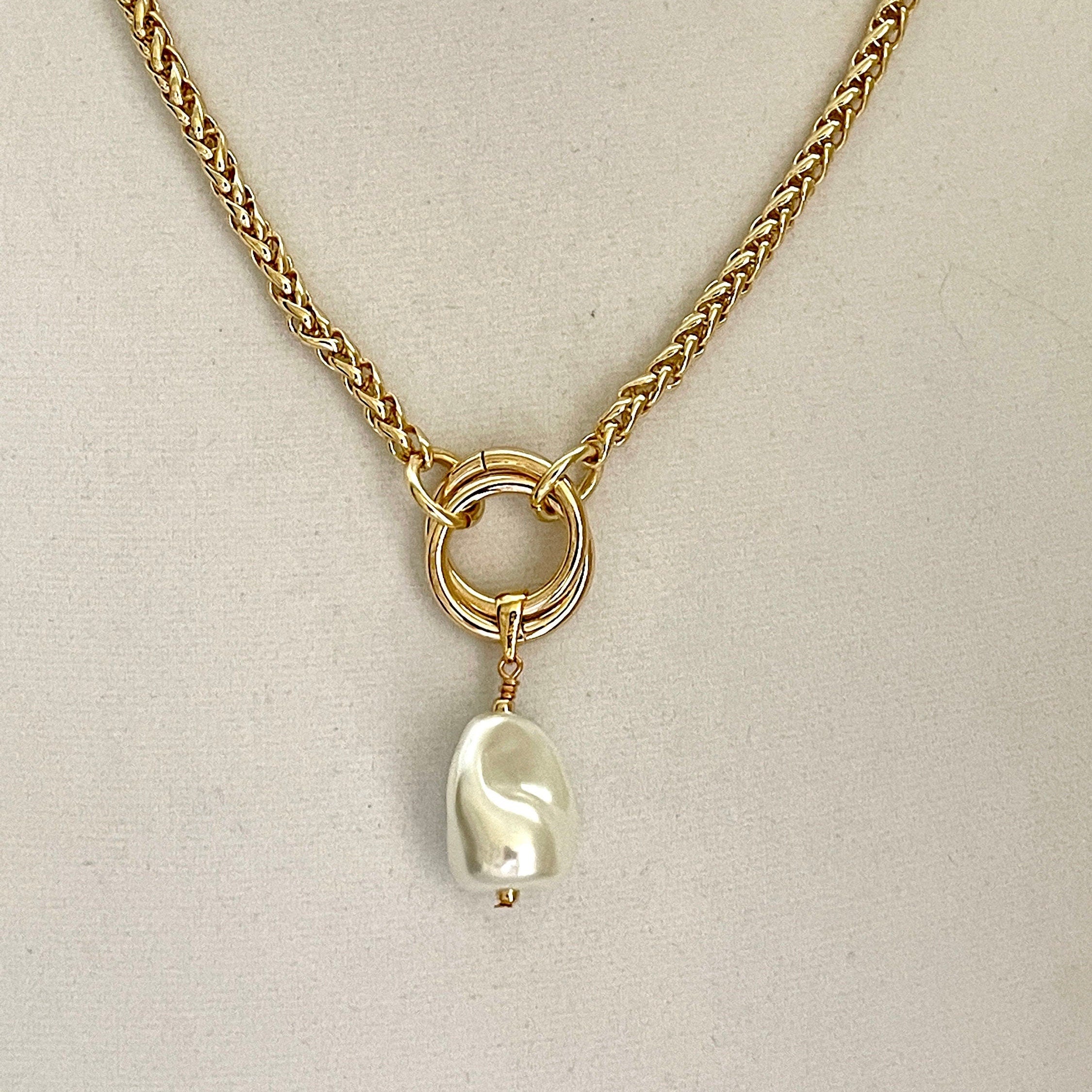 Gold Chunky Rope Necklace-Double Crossover Connector-Baroque Glass Pearl Replica Pendant-Lobster Clasp-Wheat Chain-Gift For Her