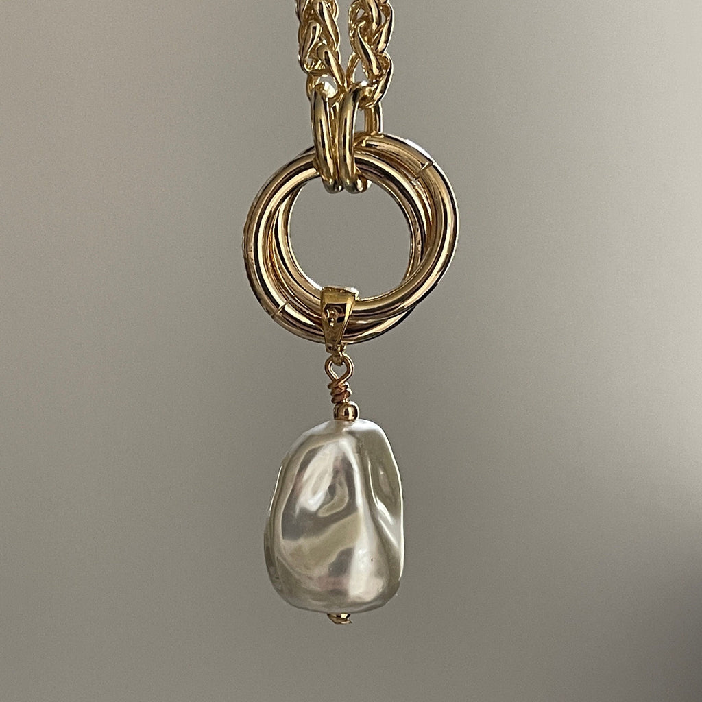 Gold Chunky Rope Necklace-Double Crossover Connector-Baroque Glass Pearl Replica Pendant-Lobster Clasp-Wheat Chain-Gift For Her