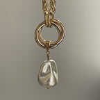 Gold Chunky Rope Necklace-Double Crossover Connector-Baroque Glass Pearl Replica Pendant-Lobster Clasp-Wheat Chain-Gift For Her