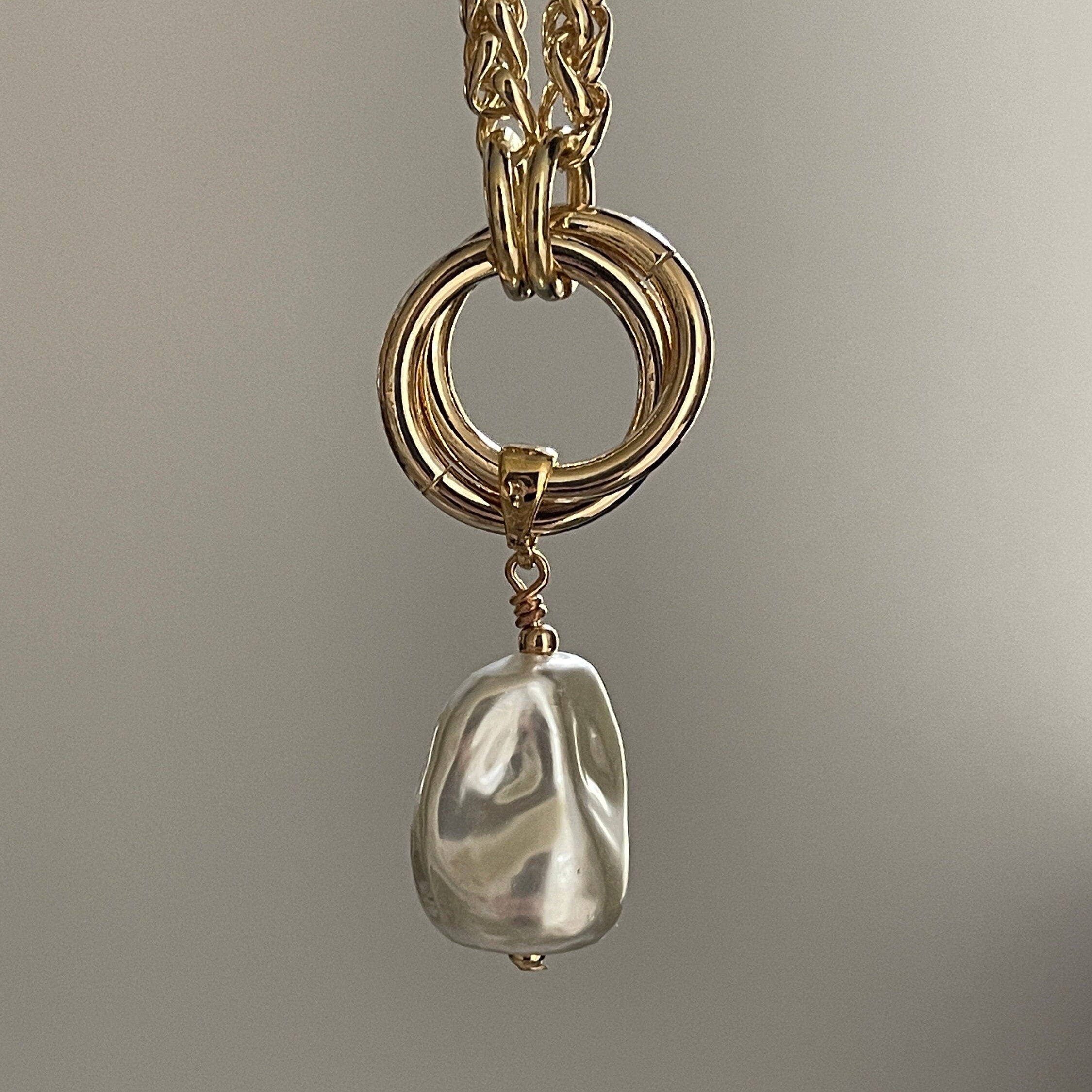 Gold Chunky Rope Necklace-Double Crossover Connector-Baroque Glass Pearl Replica Pendant-Lobster Clasp-Wheat Chain-Gift For Her