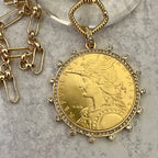 Gold Coin Necklace-Multi Link Chain Necklace-Reproduction French Madagascar Coin Pendant-Cubic Zirconia Bezel Coin-Spring Lock Clasp