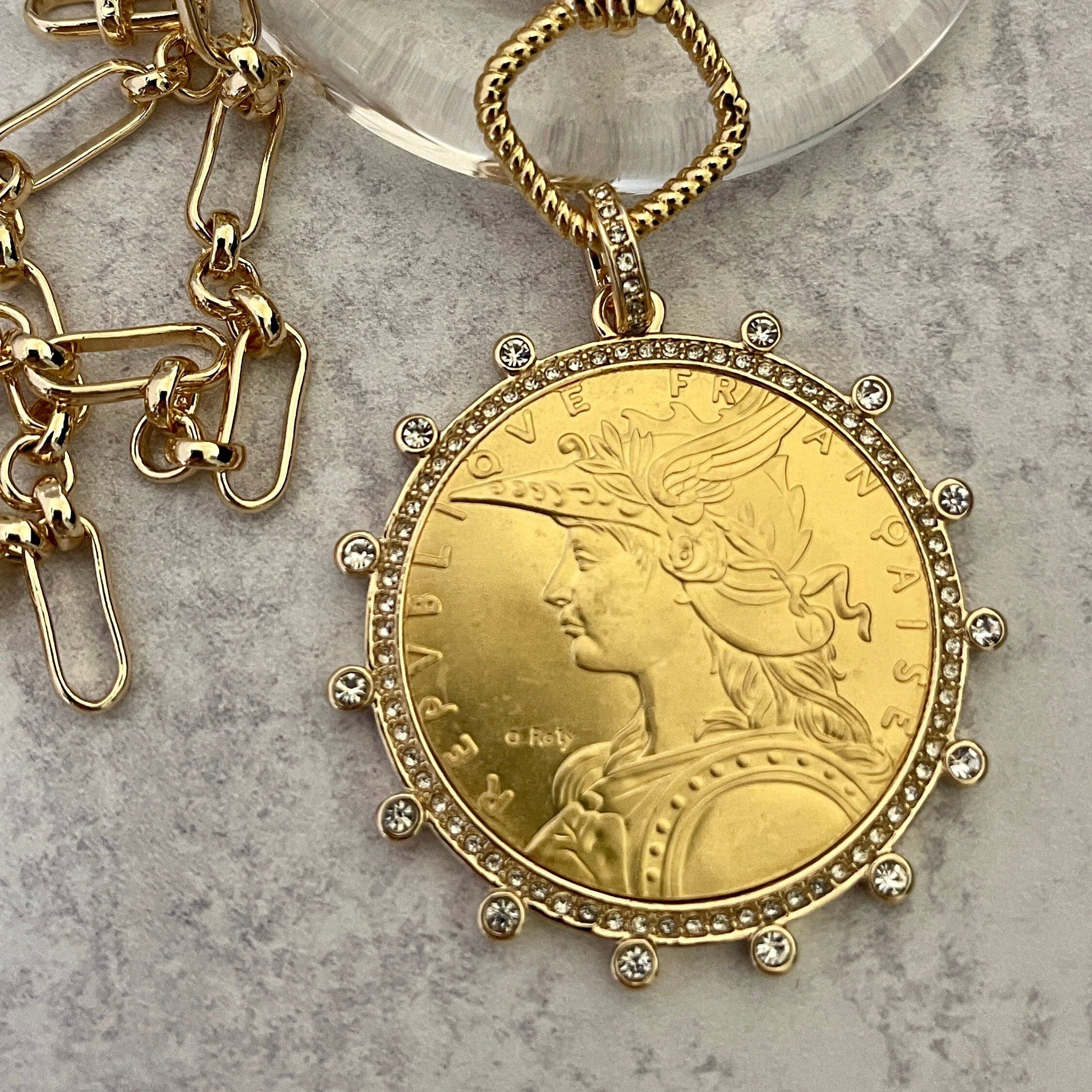 Gold Coin Necklace-Multi Link Chain Necklace-Reproduction French Madagascar Coin Pendant-Cubic Zirconia Bezel Coin-Spring Lock Clasp
