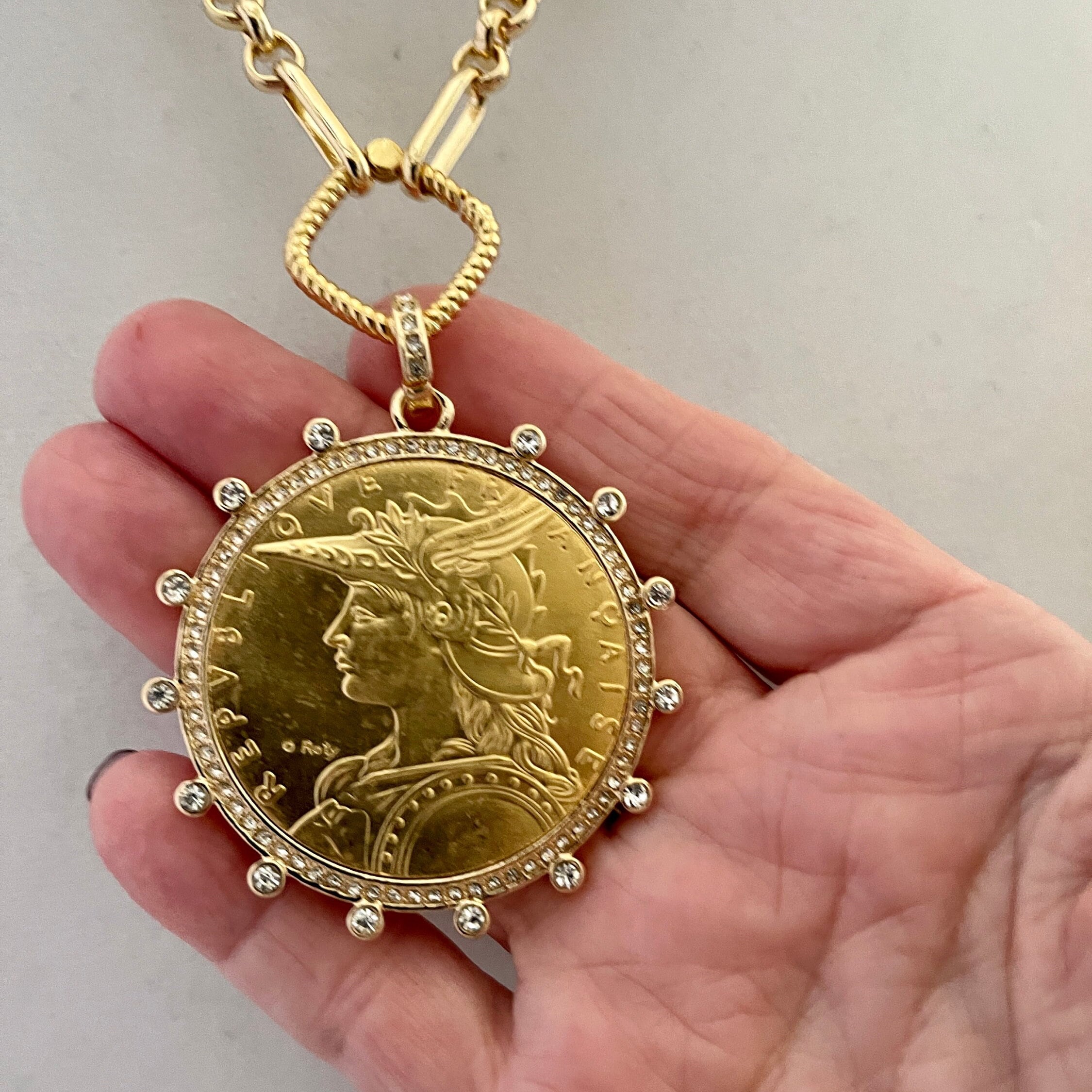 Gold Coin Necklace-Multi Link Chain Necklace-Reproduction French Madagascar Coin Pendant-Cubic Zirconia Bezel Coin-Spring Lock Clasp