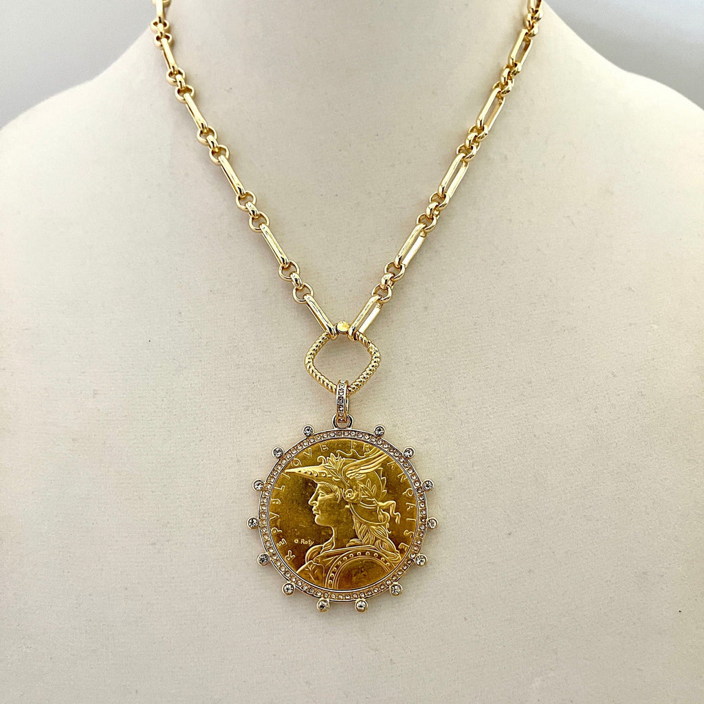 Gold Coin Necklace-Multi Link Chain Necklace-Reproduction French Madagascar Coin Pendant-Cubic Zirconia Bezel Coin-Spring Lock Clasp