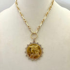 Gold Coin Necklace-Multi Link Chain Necklace-Reproduction French Madagascar Coin Pendant-Cubic Zirconia Bezel Coin-Spring Lock Clasp