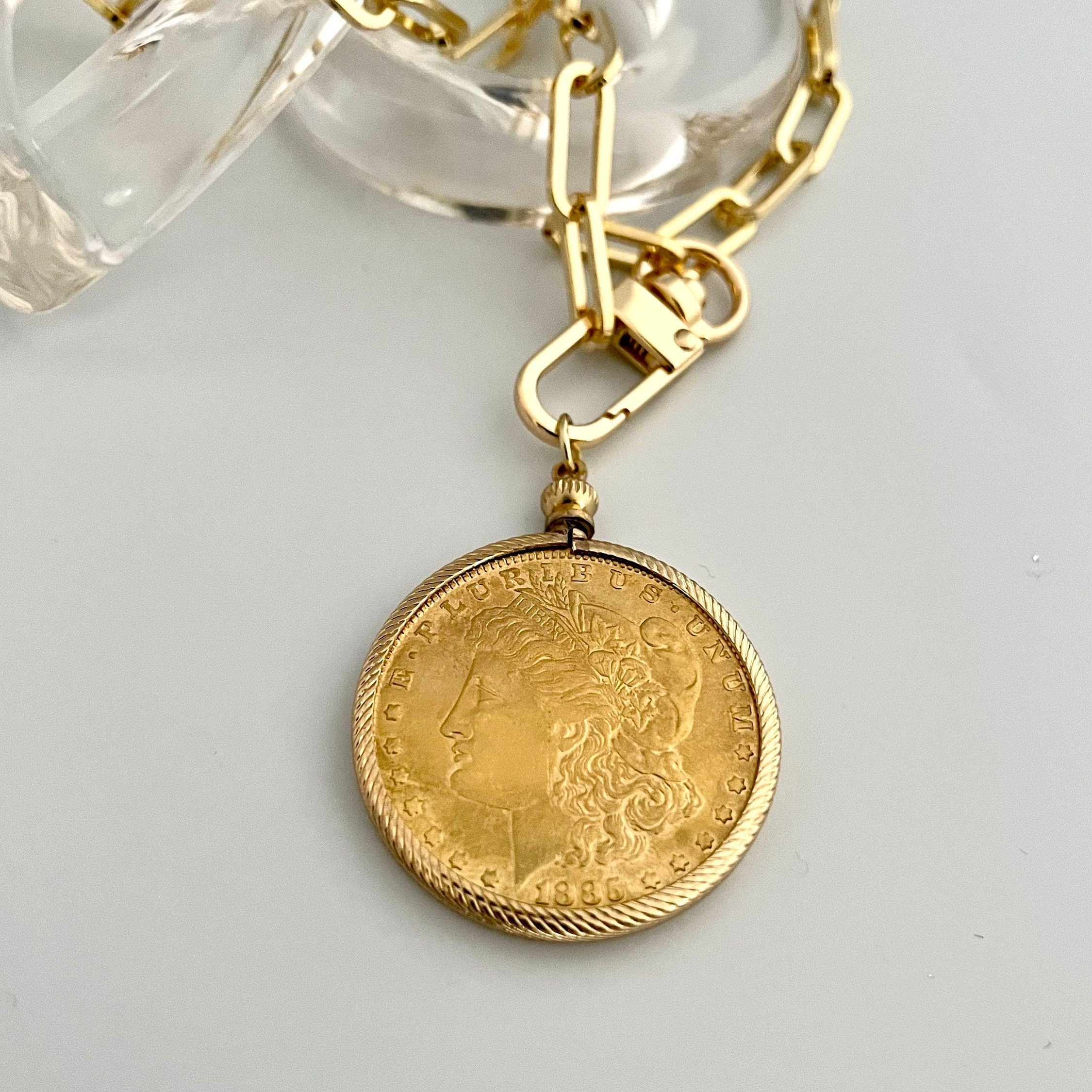 Gold Coin Pendant-Paperclip Chain Necklace-Shiny Gold Coin-Reproduction Coin-LibertyCoin-Carabiner Clasp-Spring Lock Clasp-Aesthetic Jewel