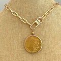 Gold Coin Pendant-Paperclip Chain Necklace-Shiny Gold Coin-Reproduction Coin-LibertyCoin-Carabiner Clasp-Spring Lock Clasp-Aesthetic Jewel