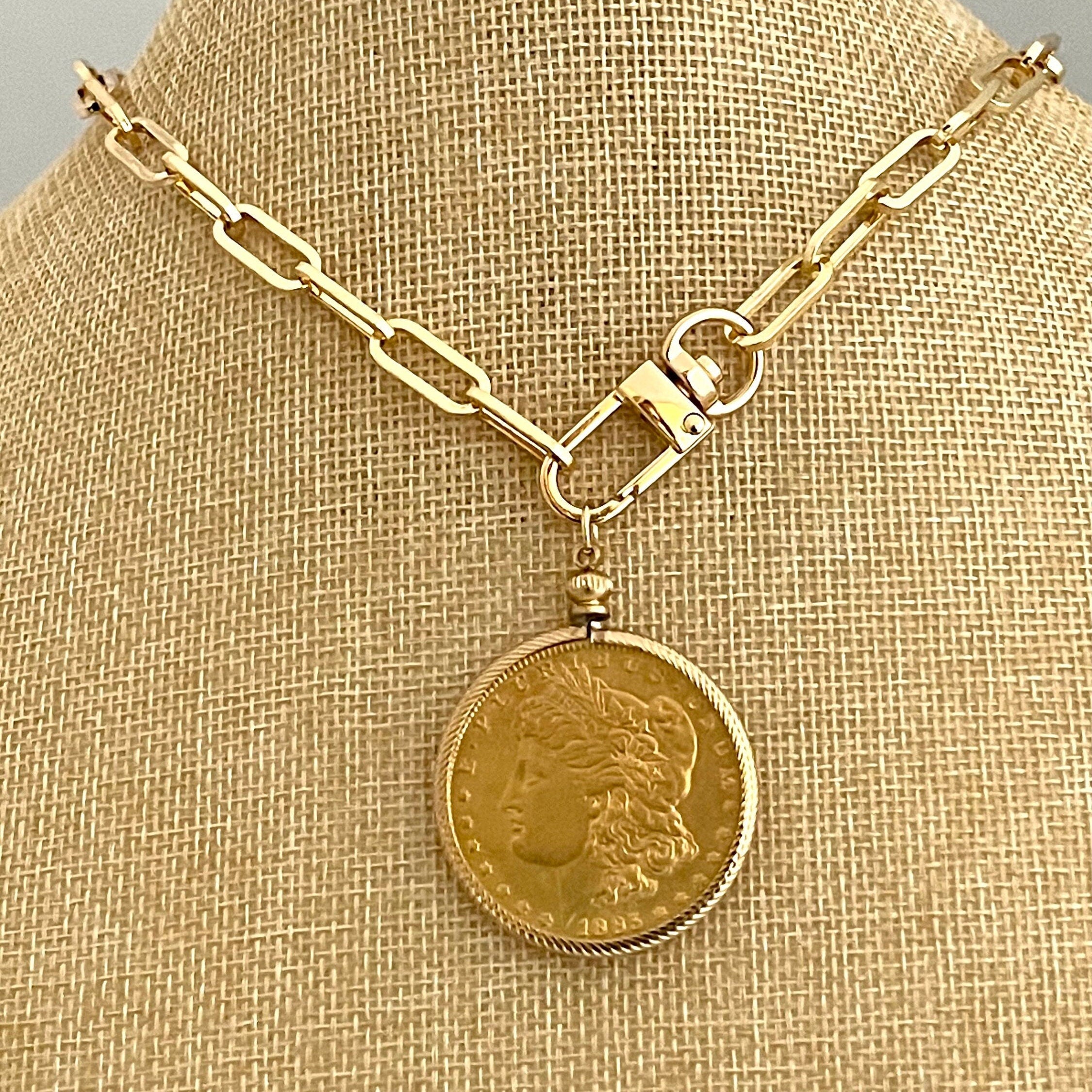 Gold Coin Pendant-Paperclip Chain Necklace-Shiny Gold Coin-Reproduction Coin-LibertyCoin-Carabiner Clasp-Spring Lock Clasp-Aesthetic Jewel