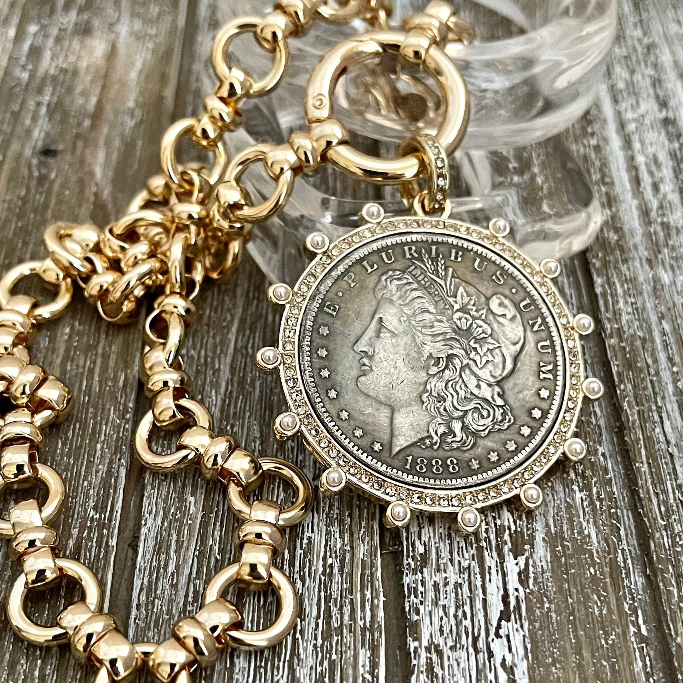 Burnished Silver Morgan Dollar Coin Necklace, Gold CZ Pearl Bezel