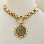 Gold Chunky Multilink Chain Necklace-French Coin Pendant-Replica Coin with Bezel, Art Deco Coin- Gold Textured Chain Necklace-Spring Clasp
