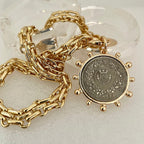 Gold Chunky Multilink Chain Necklace-French Coin Pendant-Replica Coin with Bezel, Art Deco Coin- Gold Textured Chain Necklace-Spring Clasp