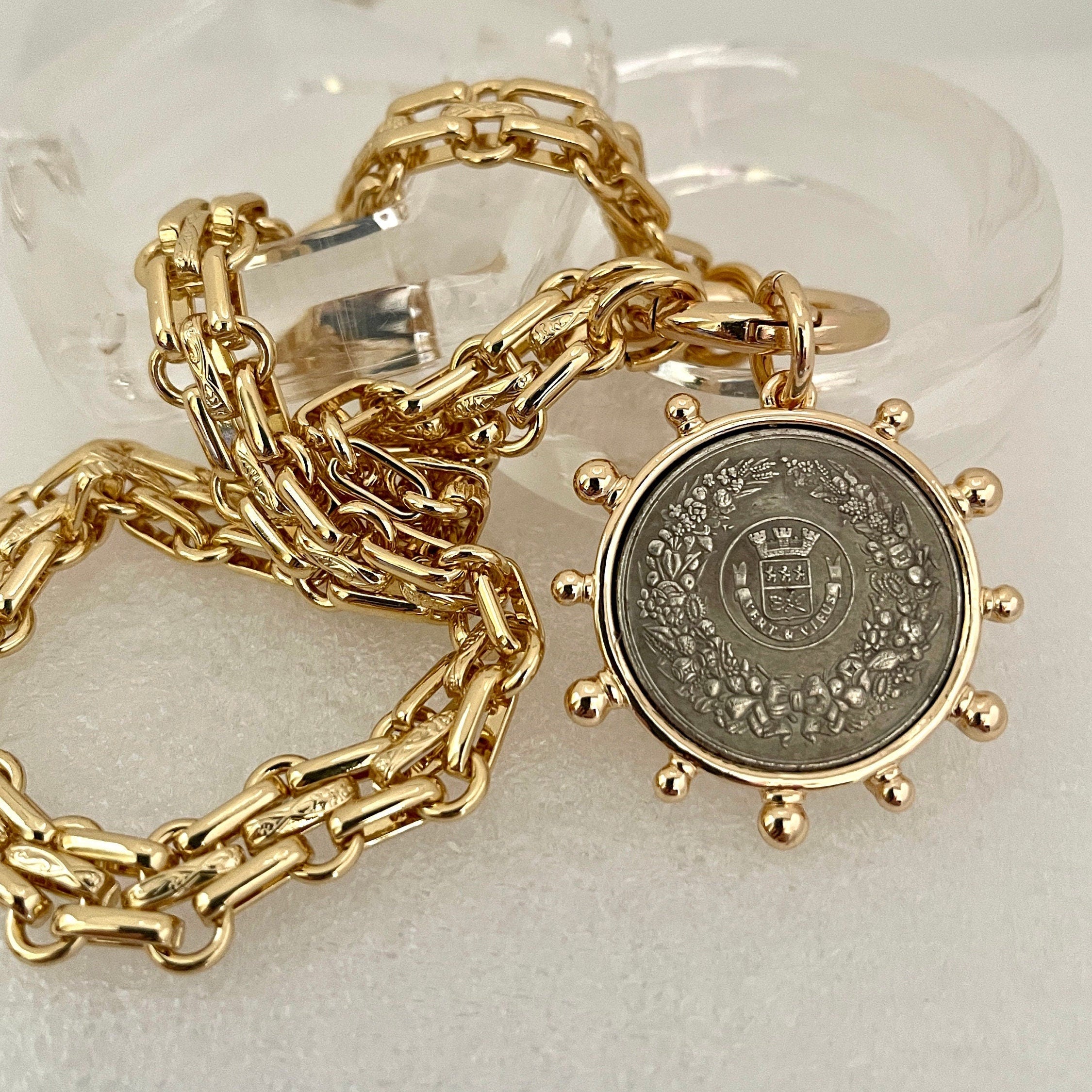 Gold Chunky Chain Necklace, French Coin Pendant, Art Deco Style