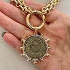 Gold Chunky Multilink Chain Necklace-French Coin Pendant-Replica Coin with Bezel, Art Deco Coin- Gold Textured Chain Necklace-Spring Clasp