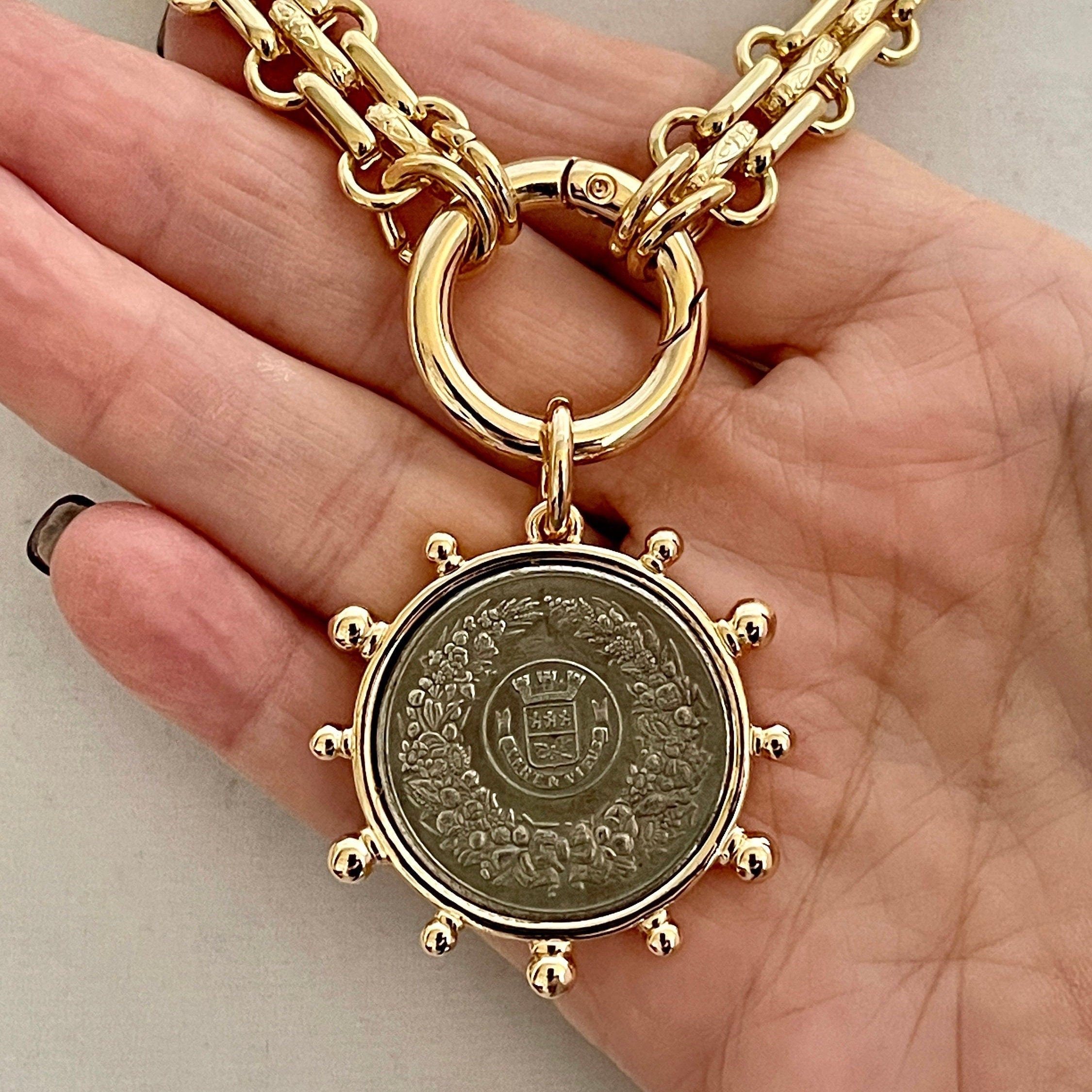 Gold Chunky Multilink Chain Necklace-French Coin Pendant-Replica Coin with Bezel, Art Deco Coin- Gold Textured Chain Necklace-Spring Clasp