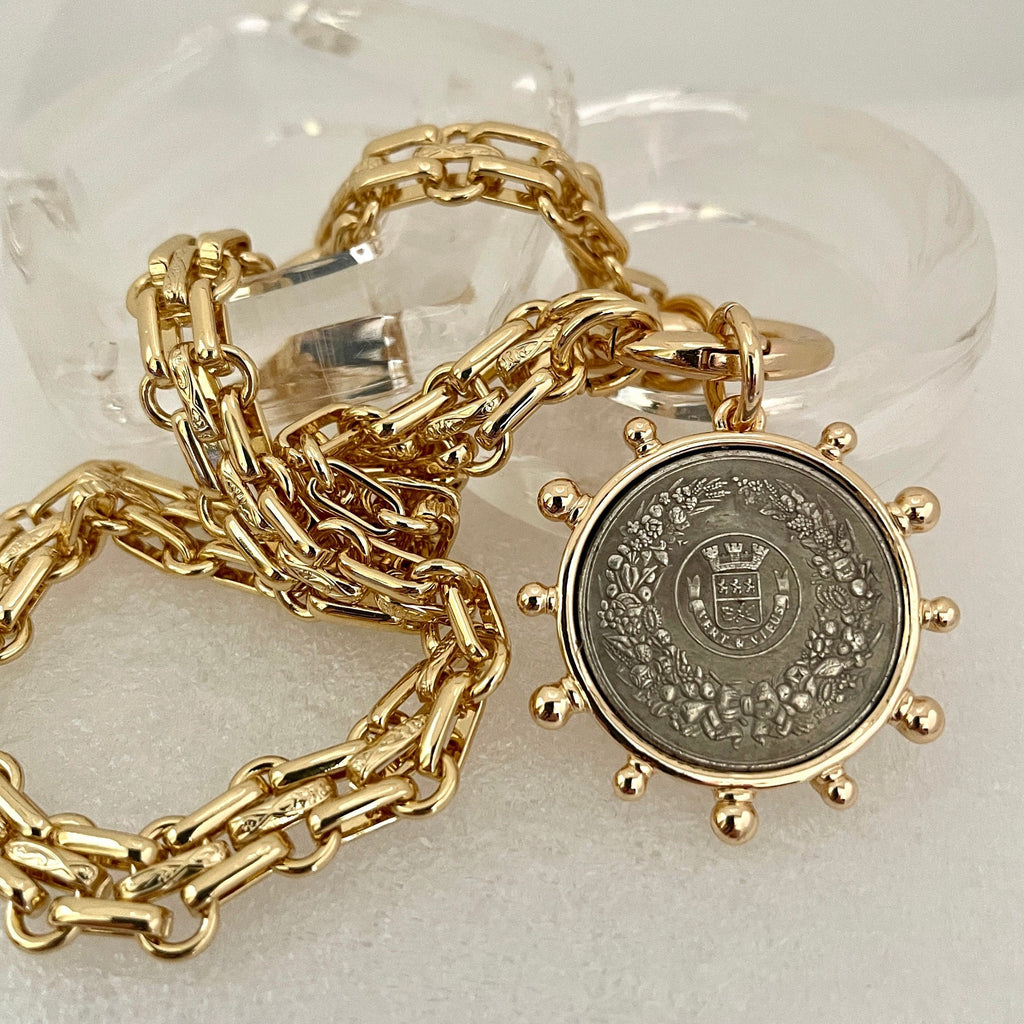 Gold Chunky Multilink Chain Necklace-French Coin Pendant-Replica Coin with Bezel, Art Deco Coin- Gold Textured Chain Necklace-Spring Clasp