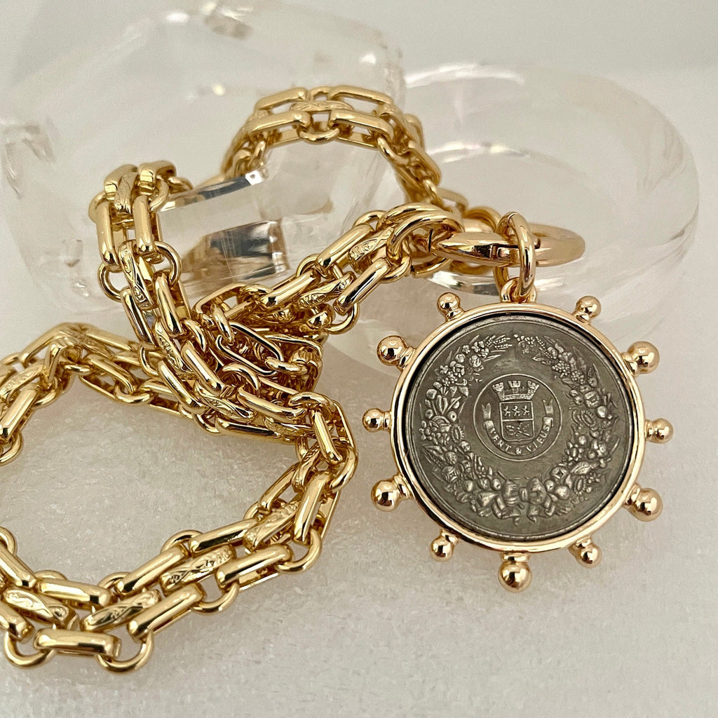 Gold Chunky Chain Necklace, French Coin Pendant, Art Deco Style
