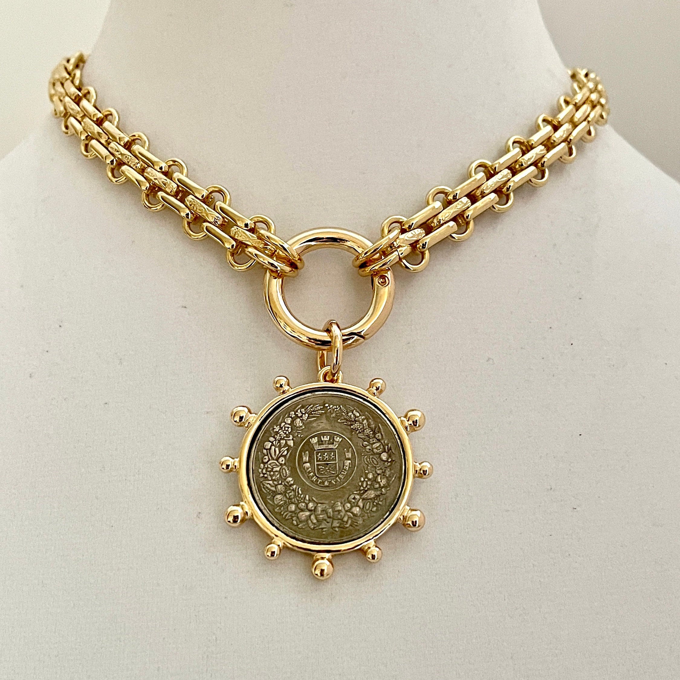 Gold Chunky Chain Necklace, French Coin Pendant, Art Deco Style