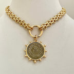 Gold Chunky Multilink Chain Necklace-French Coin Pendant-Replica Coin with Bezel, Art Deco Coin- Gold Textured Chain Necklace-Spring Clasp