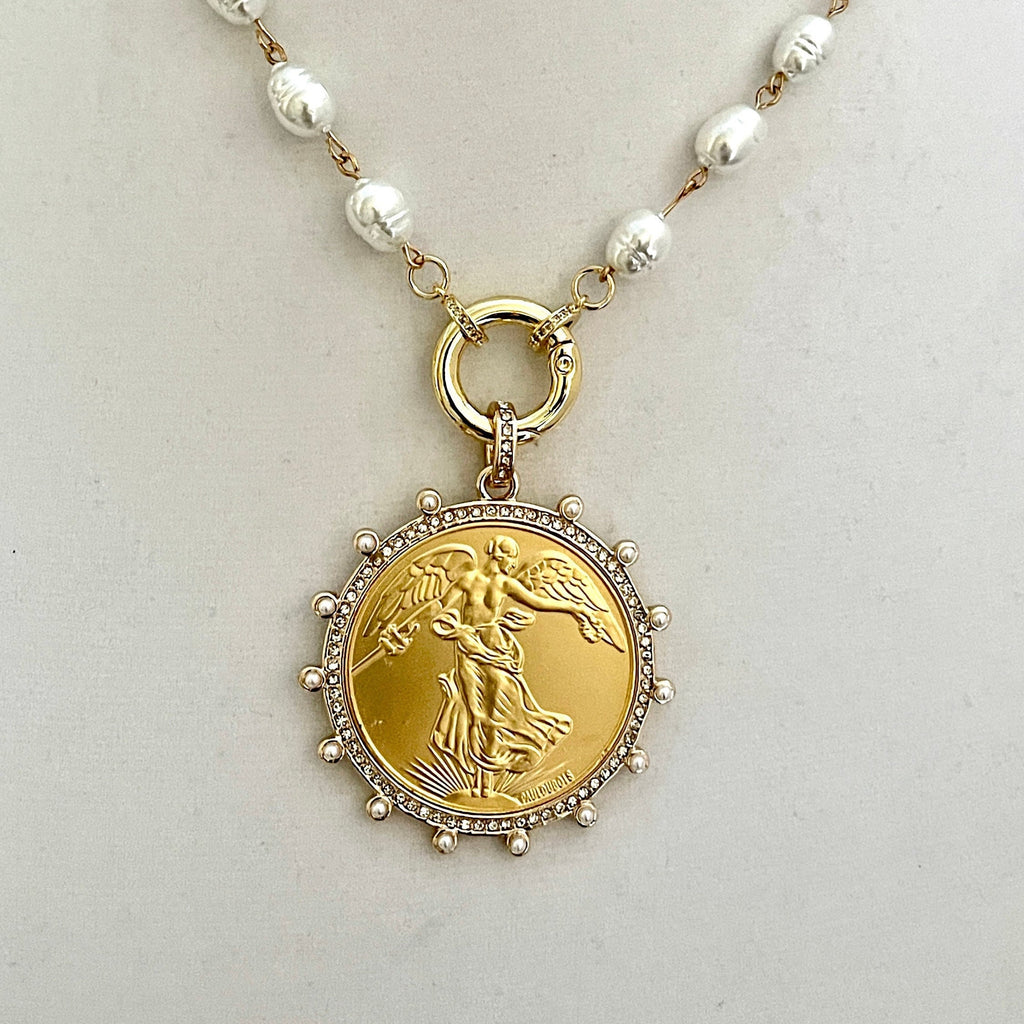 Gold French Coin Pendant-Porcelain Pearl Necklace-Reproduction Commemorative Coin