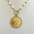 Gold French Coin Pendant-Porcelain Pearl Necklace-Reproduction Commemorative Coin