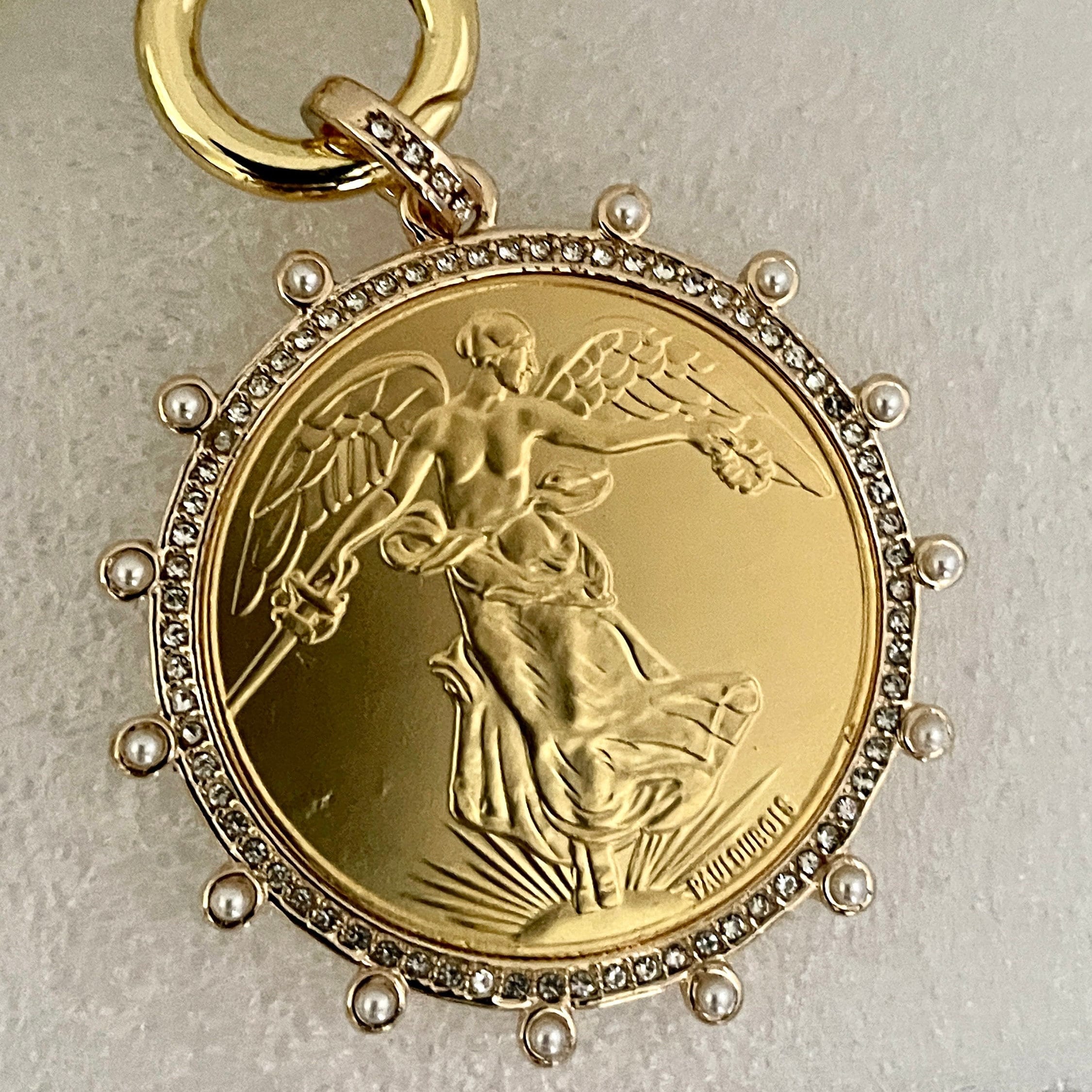 Gold French Coin Pendant Necklace: Porcelain Pearl, CZ Bezel