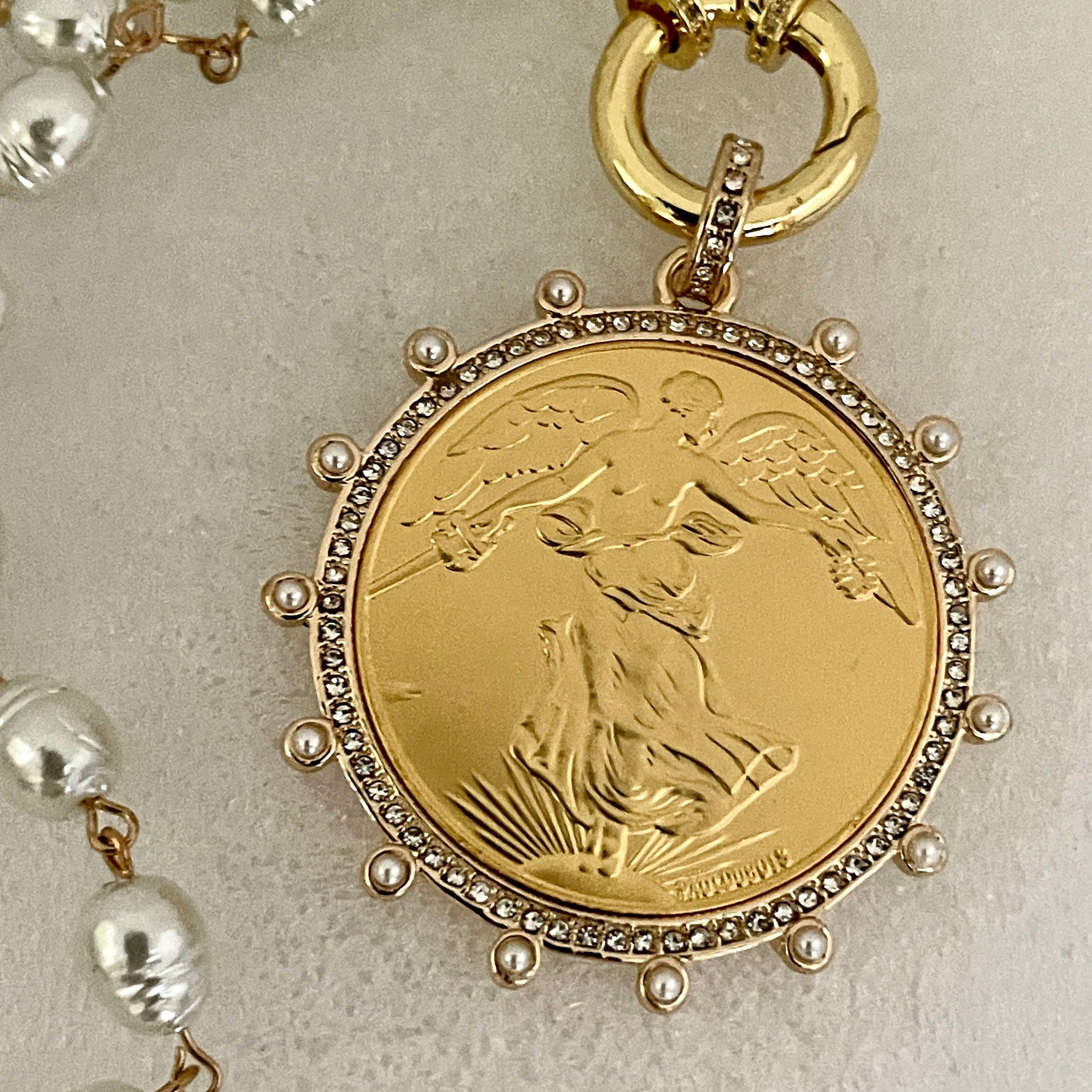 Gold French Coin Pendant-Porcelain Pearl Necklace-Reproduction Commemorative Coin