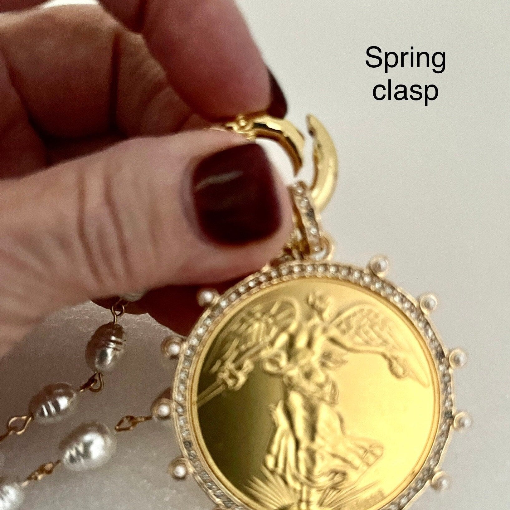 Gold French Coin Pendant-Porcelain Pearl Necklace-Reproduction Commemorative Coin