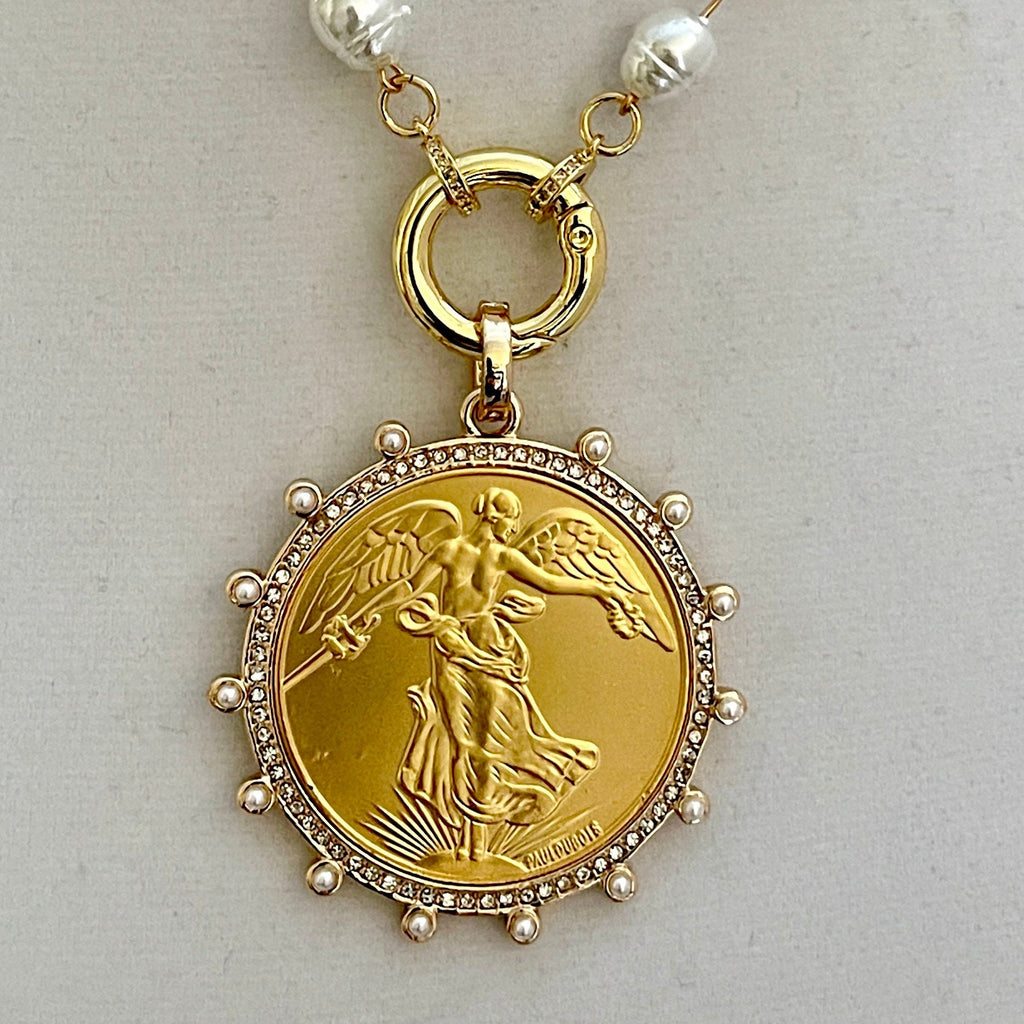 Gold French Coin Pendant-Porcelain Pearl Necklace-Reproduction Commemorative Coin