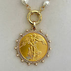Gold French Coin Pendant-Porcelain Pearl Necklace-Reproduction Commemorative Coin