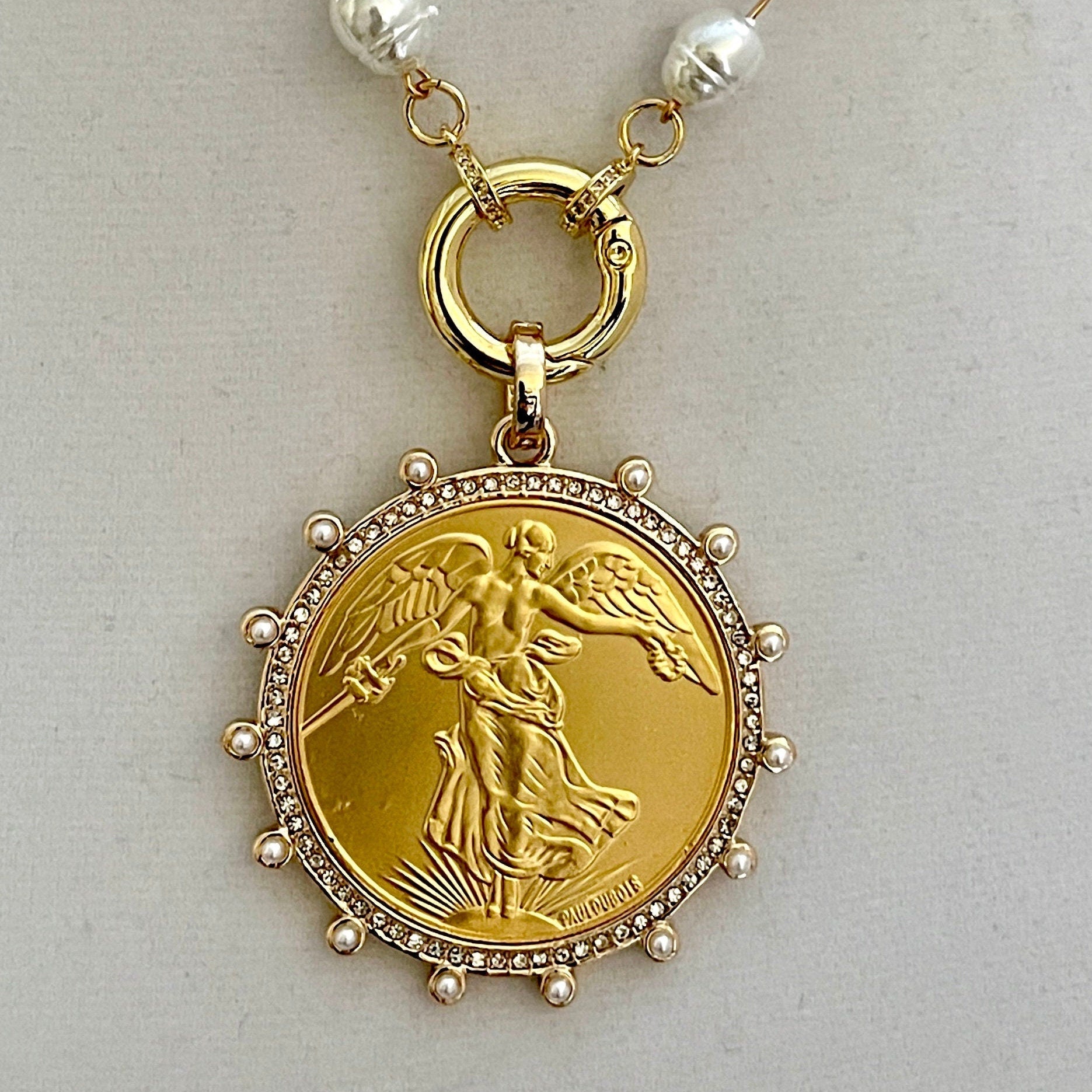 Gold French Coin Pendant-Porcelain Pearl Necklace-Reproduction Commemorative Coin