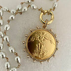 Gold French Coin Pendant-Porcelain Pearl Necklace-Reproduction Commemorative Coin