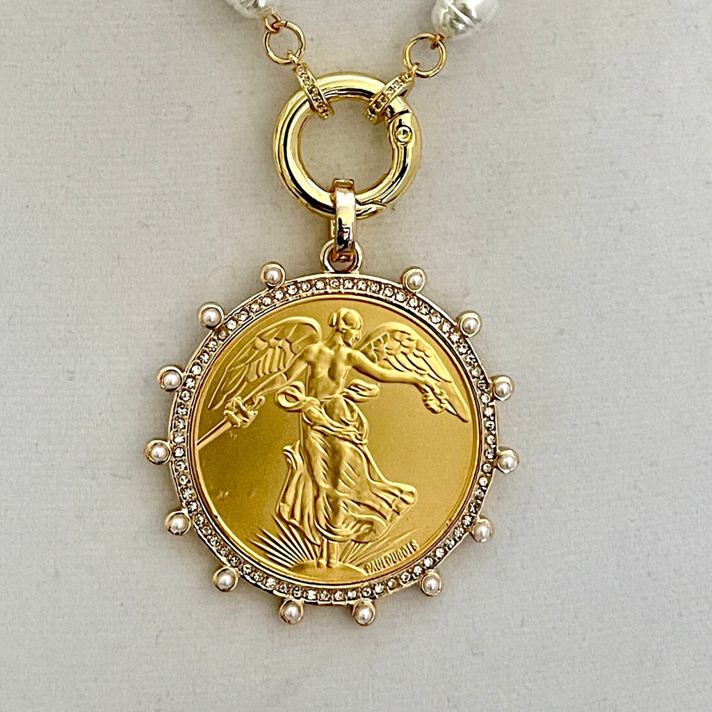 Gold French Coin Pendant-Porcelain Pearl Necklace-Reproduction Commemorative Coin