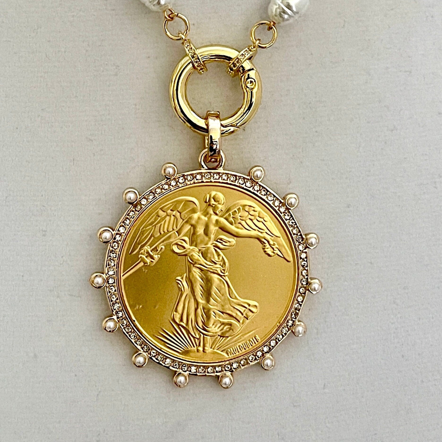 Gold French Coin Pendant-Porcelain Pearl Necklace-Reproduction Commemorative Coin