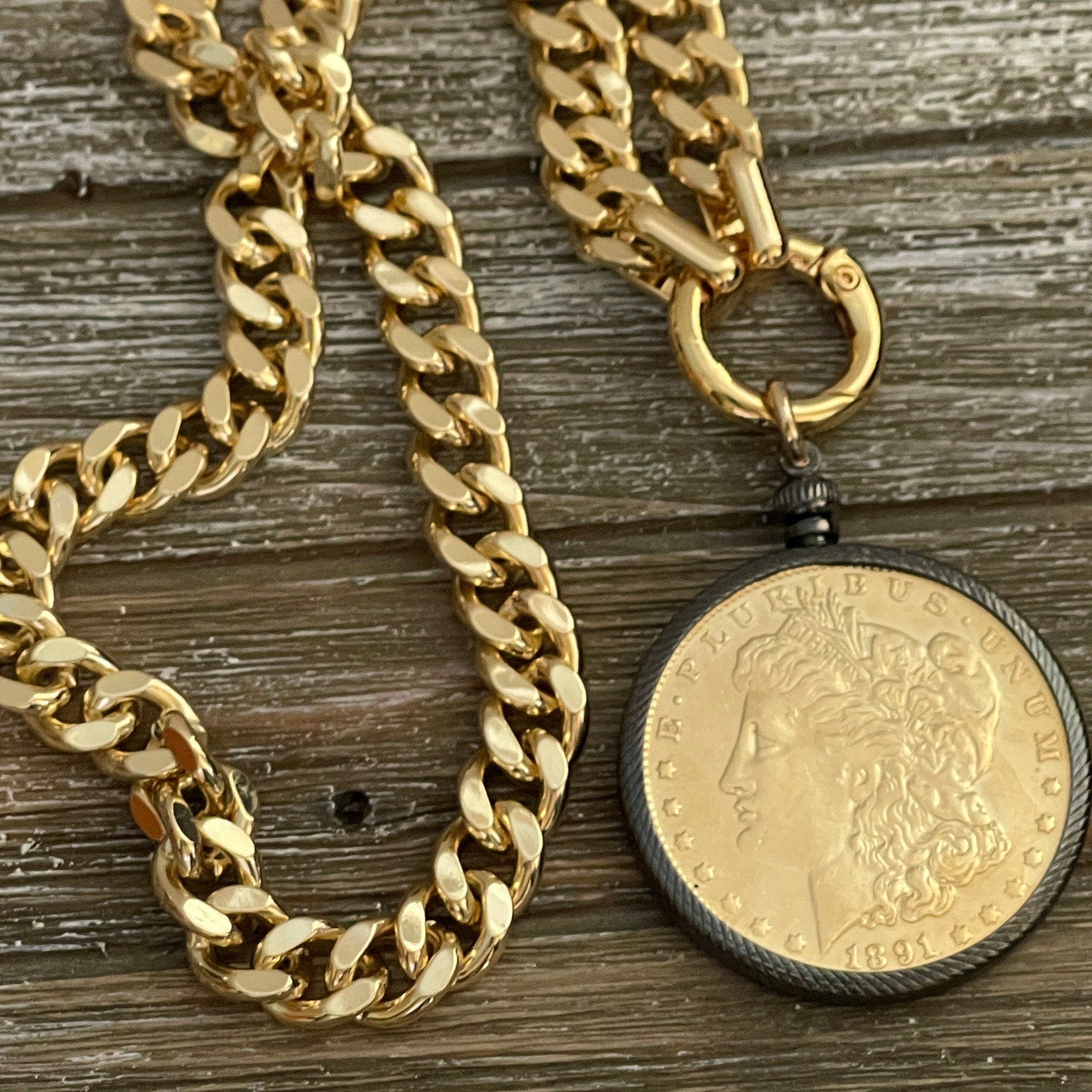 Gold Miami Cuban Chain Necklace: Reproduction Morgan Dollar Coin Pendant