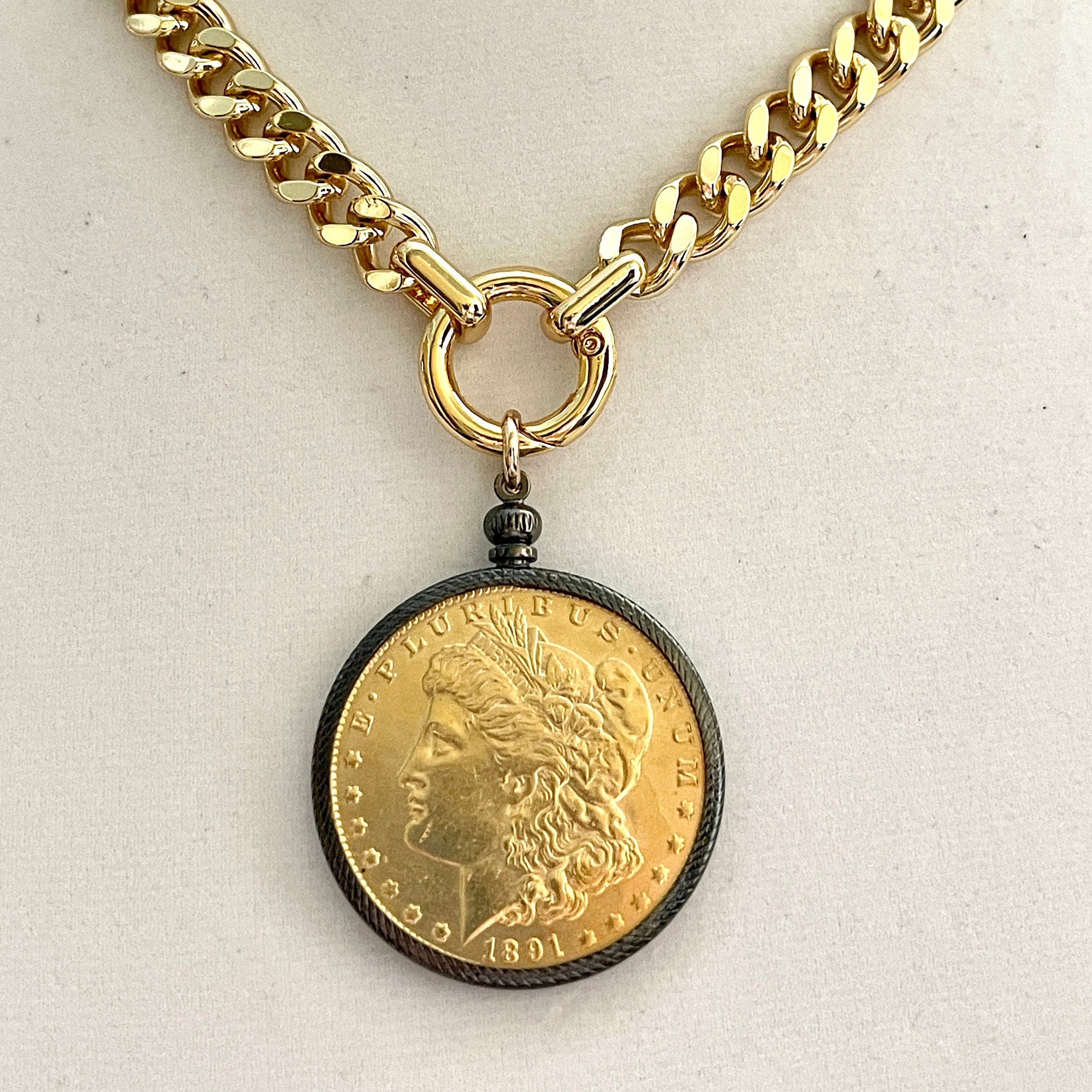 Gold Miami Cuban Chain Necklace: Reproduction Morgan Dollar Coin Pendant