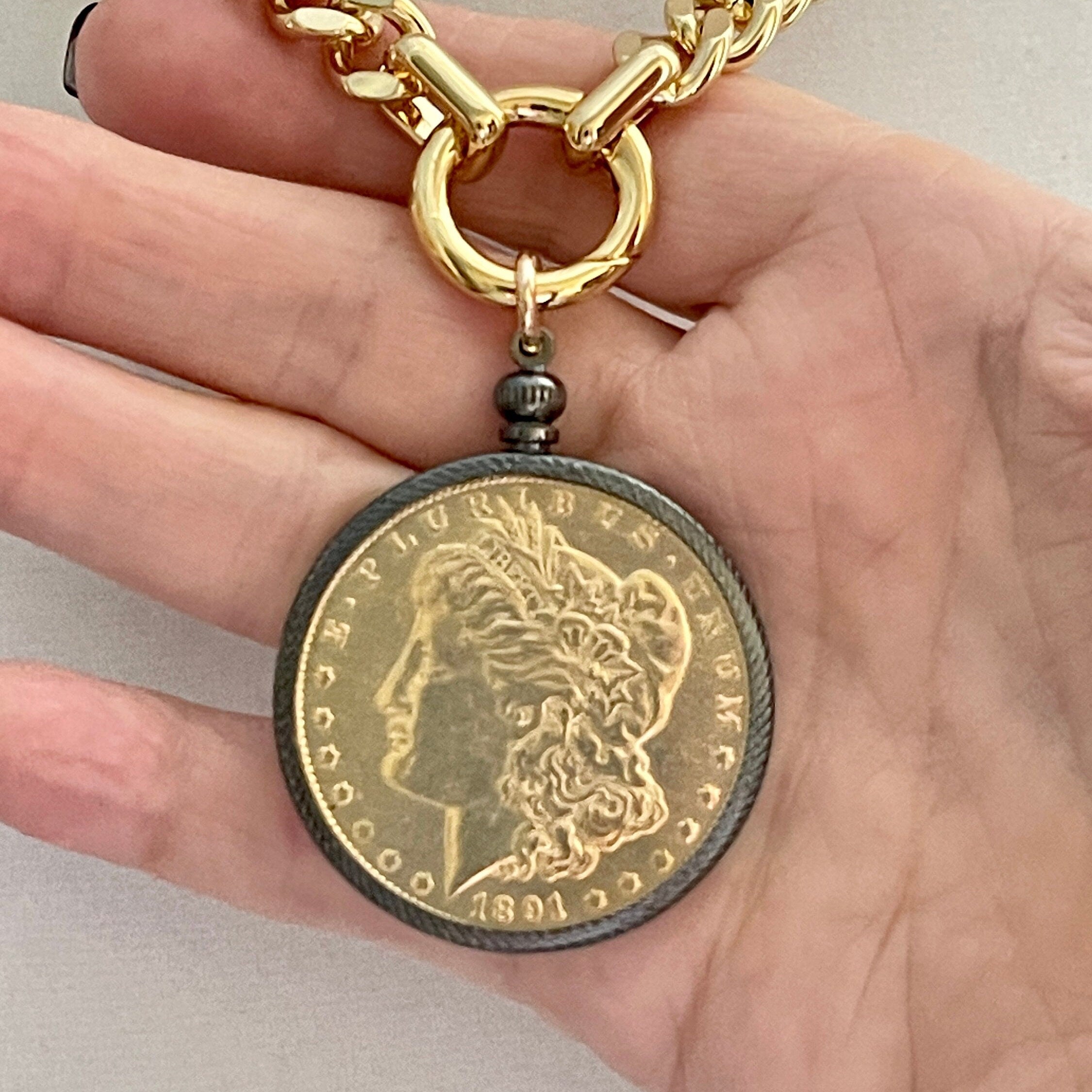 Gold Miami Cuban Chain Necklace: Reproduction Morgan Dollar Coin Pendant